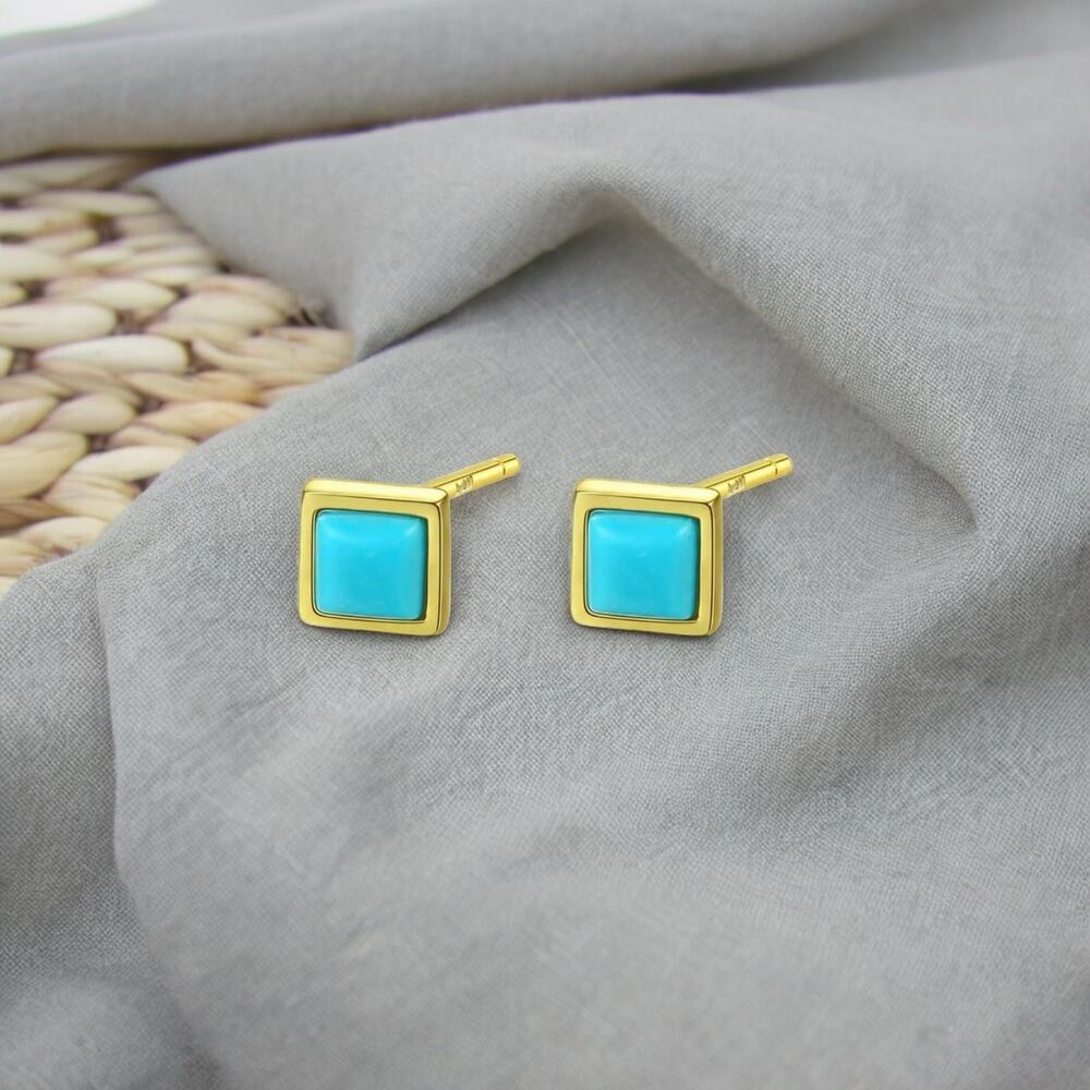 NEW 14K gold pl over sterling silver turquoise square stud earrings jewelry B16A